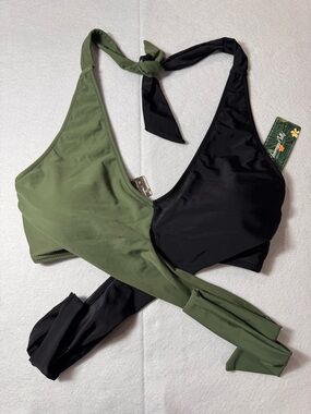 Blooming Jelly NWT Wrap Bikini Top Black Olive Green Tie Front Swim Top Medium